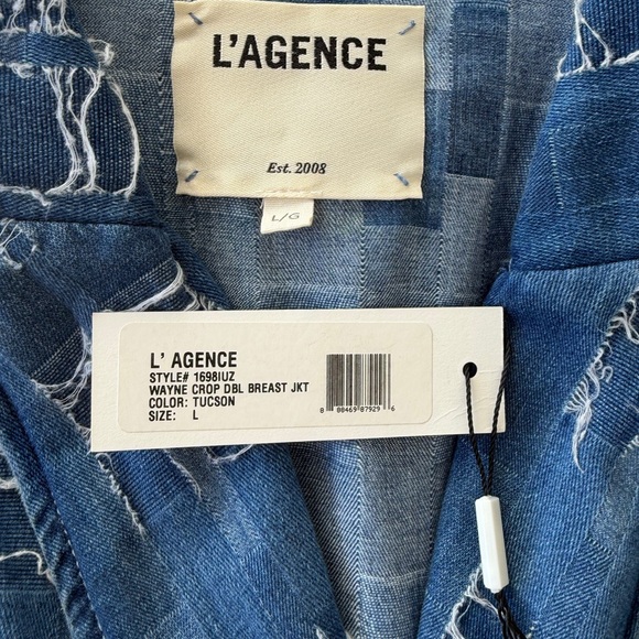 L'AGENCE Wayne Patchwork Denim Crop Blazer, Size L Excellent Condition - Picture 6 of 16